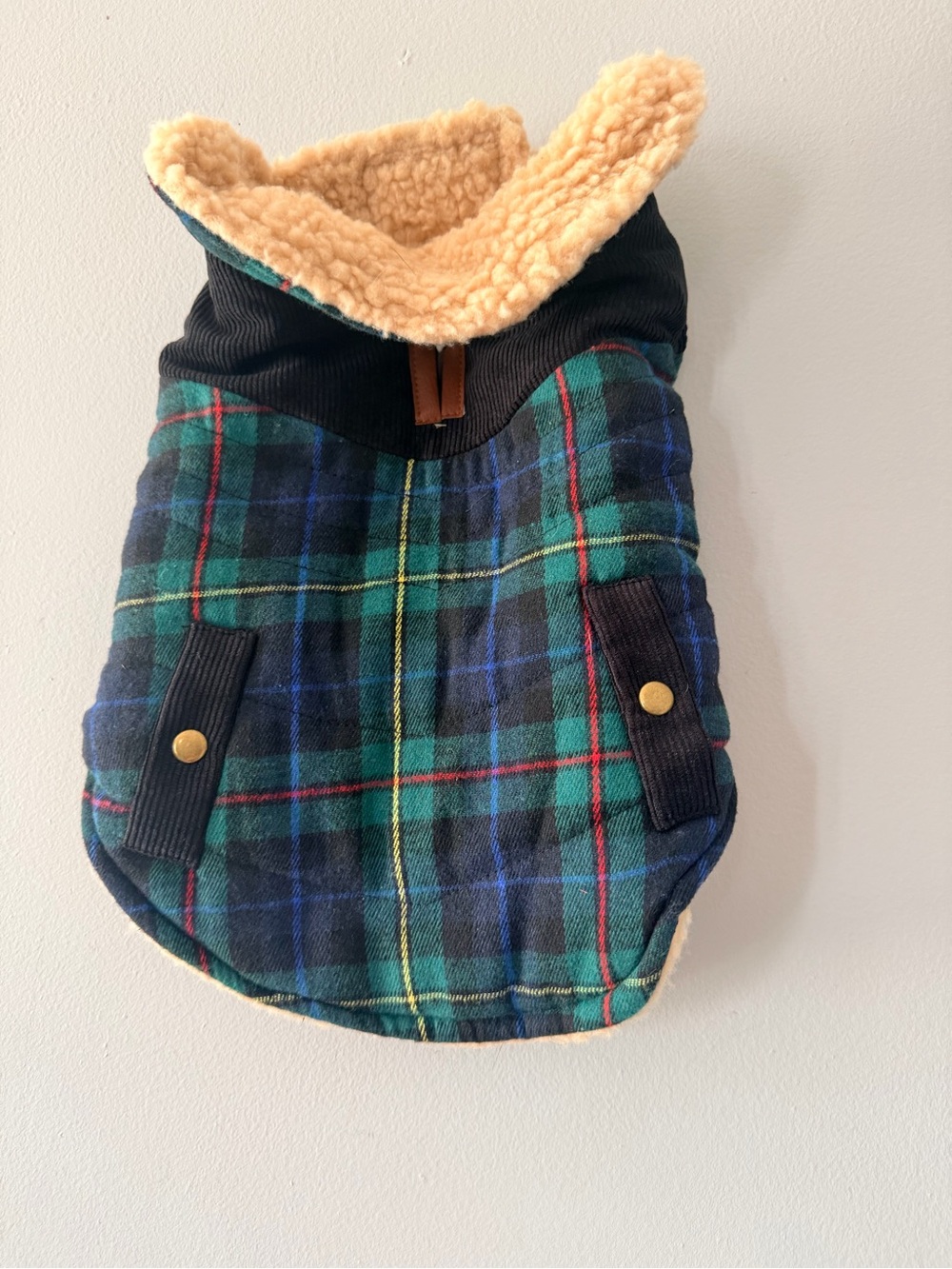 Plaid Sherpa-Lined Dog Coat in Green & Blue